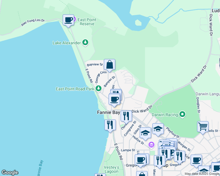 map of restaurants, bars, coffee shops, grocery stores, and more near 13 Hinkler Crescent in Fannie Bay