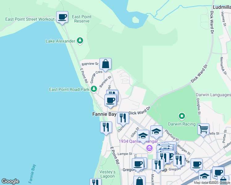 map of restaurants, bars, coffee shops, grocery stores, and more near 15 Philip Street in Fannie Bay