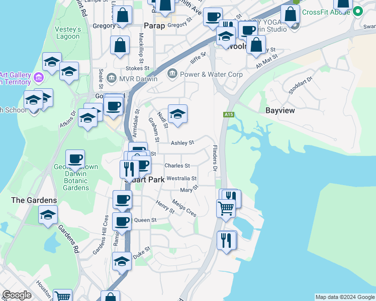 map of restaurants, bars, coffee shops, grocery stores, and more near 31 Eden Street in Stuart Park