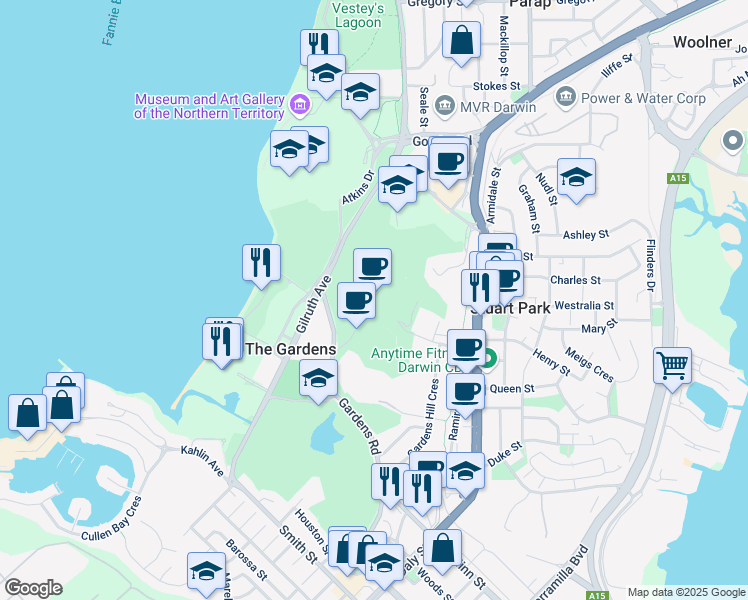 map of restaurants, bars, coffee shops, grocery stores, and more near  in The Gardens