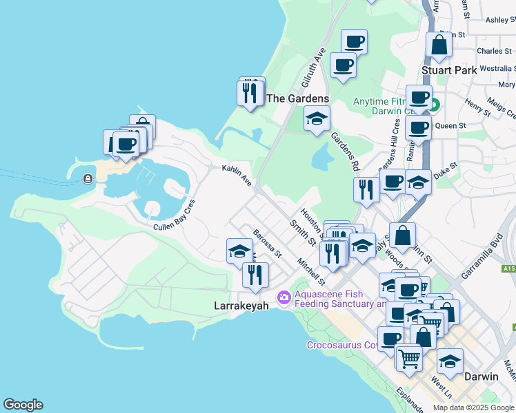 map of restaurants, bars, coffee shops, grocery stores, and more near 5 Merkur Court in Larrakeyah