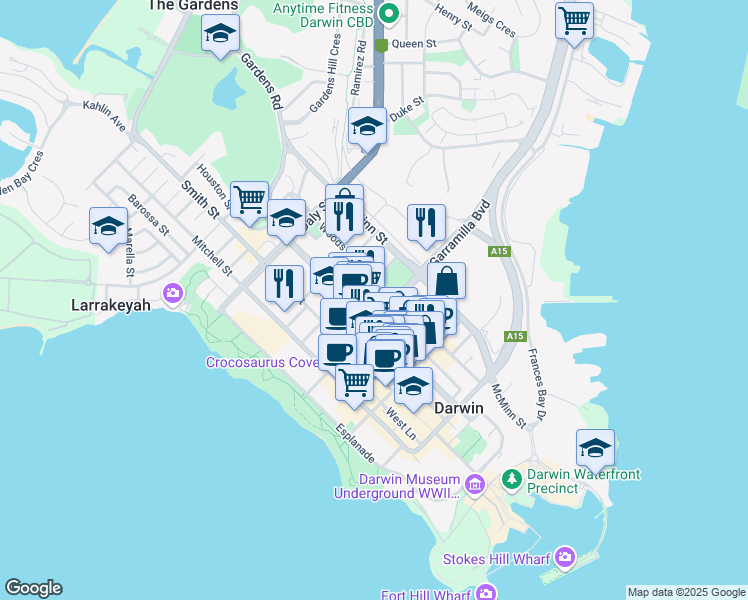 map of restaurants, bars, coffee shops, grocery stores, and more near 64 Cavenagh Street in Darwin