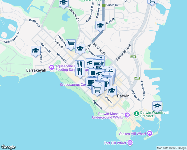 map of restaurants, bars, coffee shops, grocery stores, and more near 2 Lindsay Street in Darwin