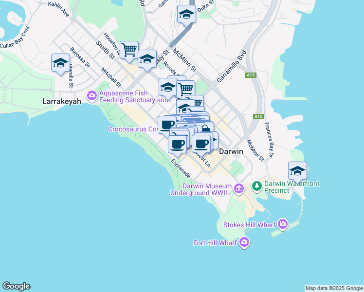 map of restaurants, bars, coffee shops, grocery stores, and more near 48 Mitchell St in Darwin