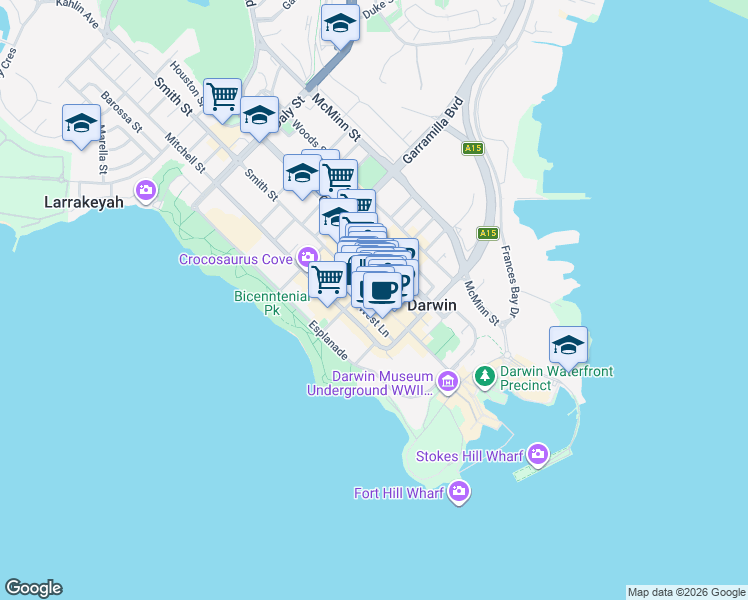 map of restaurants, bars, coffee shops, grocery stores, and more near 41 Smith Street in Darwin City