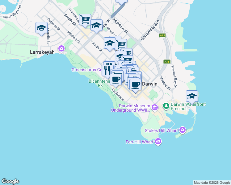map of restaurants, bars, coffee shops, grocery stores, and more near Esplanade in Darwin City