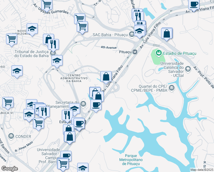 map of restaurants, bars, coffee shops, grocery stores, and more near Rua Luís Viana Filho in Salvador
