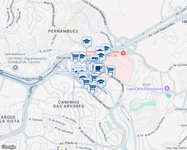 map of restaurants, bars, coffee shops, grocery stores, and more near 3133 Avenida Tancredo Neves in Salvador