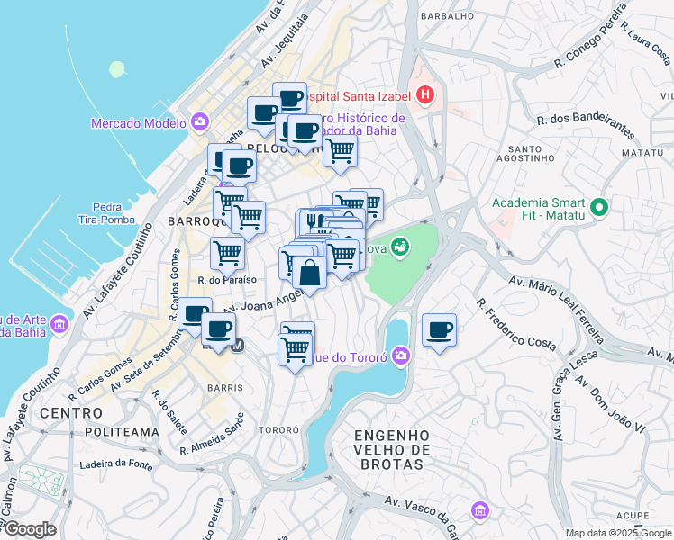 map of restaurants, bars, coffee shops, grocery stores, and more near 842 Avenida Joana Angélica in Salvador