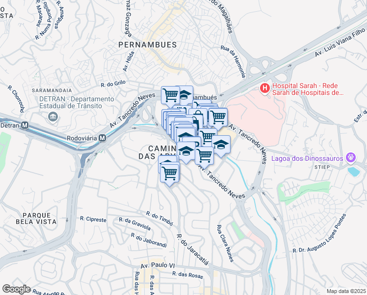 map of restaurants, bars, coffee shops, grocery stores, and more near Avenida Tancredo Neves in Salvador