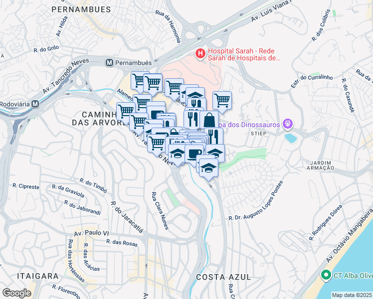 map of restaurants, bars, coffee shops, grocery stores, and more near 1963 Avenida Tancredo Neves in Salvador