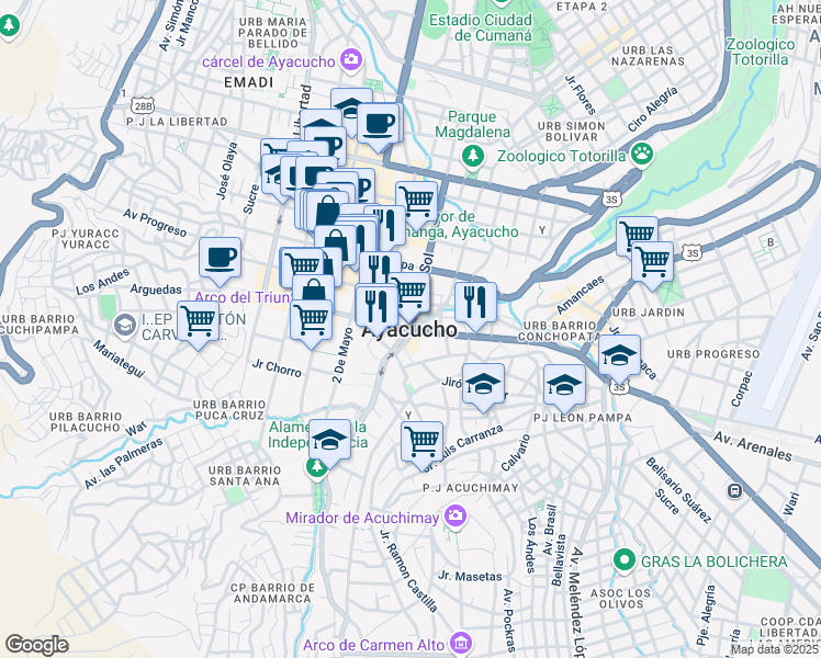 map of restaurants, bars, coffee shops, grocery stores, and more near in Ayacucho