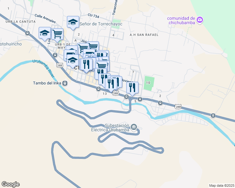 map of restaurants, bars, coffee shops, grocery stores, and more near Avenida Ferrocarril in Urubamba