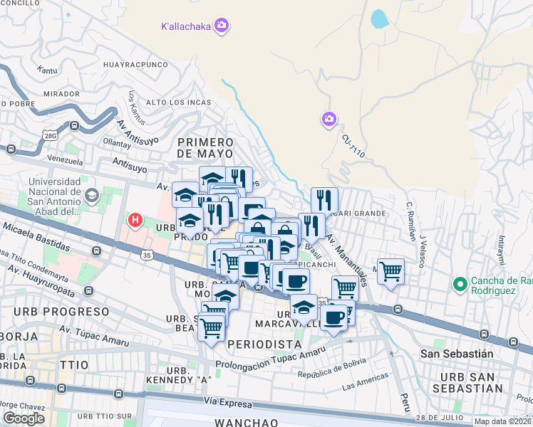 map of restaurants, bars, coffee shops, grocery stores, and more near 2964 Avenida Collasuyo in Cusco