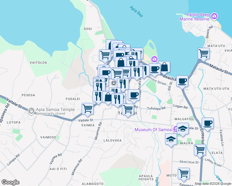map of restaurants, bars, coffee shops, grocery stores, and more near Saleufi Street in Apia