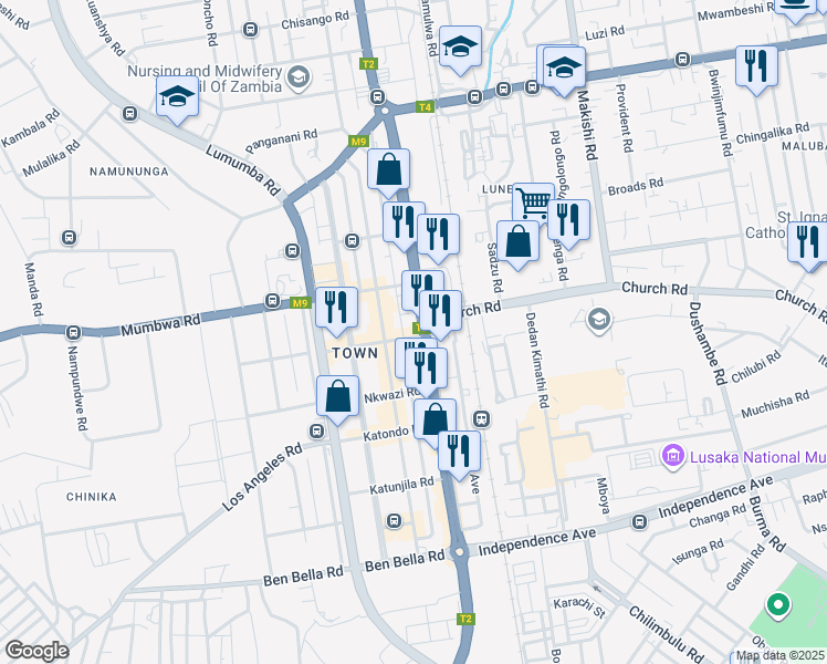 map of restaurants, bars, coffee shops, grocery stores, and more near Chiparamba Road in Lusaka