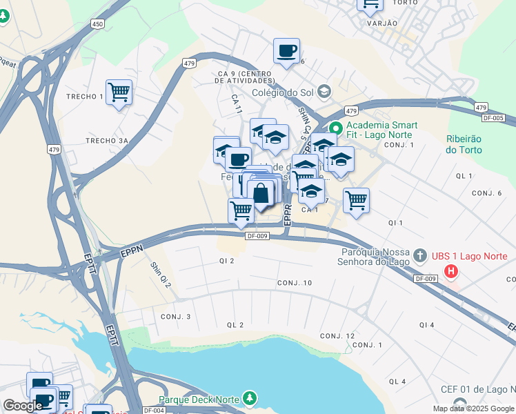 map of restaurants, bars, coffee shops, grocery stores, and more near 163 Shin Ca 5 in Brasília