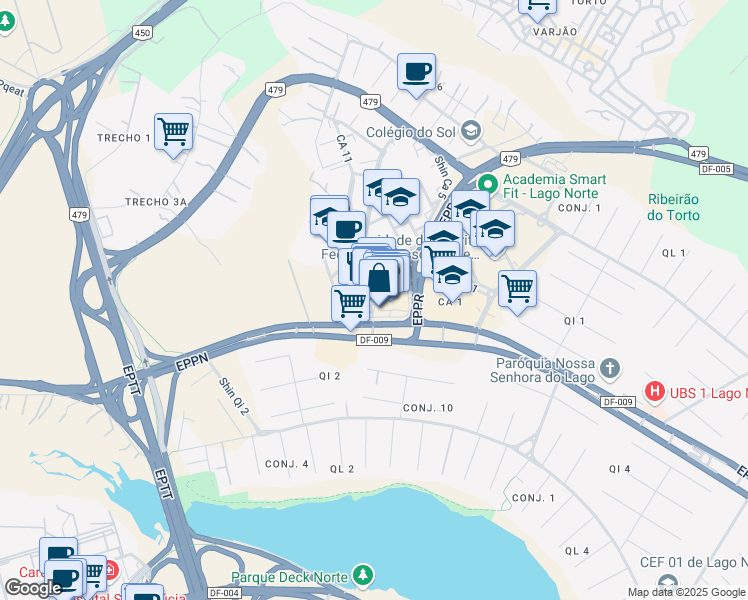 map of restaurants, bars, coffee shops, grocery stores, and more near 163 Shin Ca 5 in Brasília