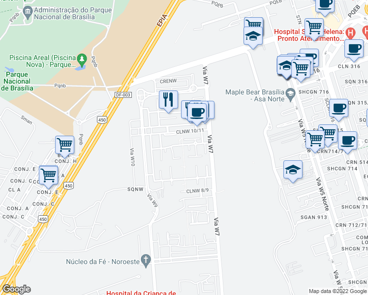 map of restaurants, bars, coffee shops, grocery stores, and more near SHCNW in Brasilia