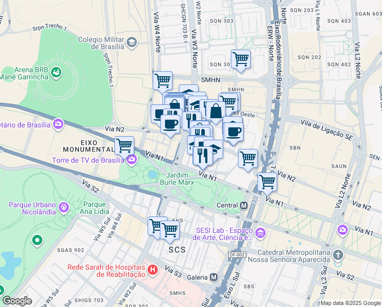 map of restaurants, bars, coffee shops, grocery stores, and more near SHN Quadra 3 Bloco B in Brasília