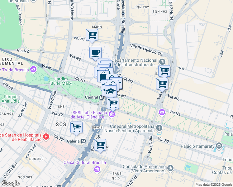 map of restaurants, bars, coffee shops, grocery stores, and more near in Brasília