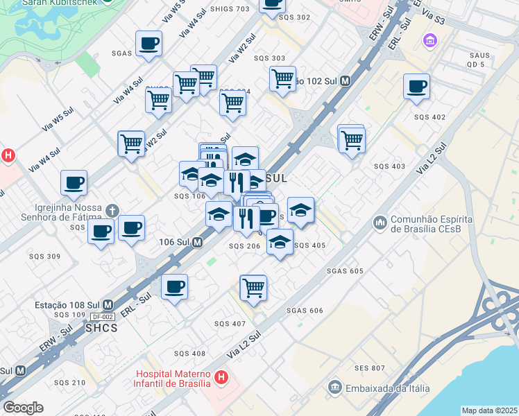 map of restaurants, bars, coffee shops, grocery stores, and more near in Brasília