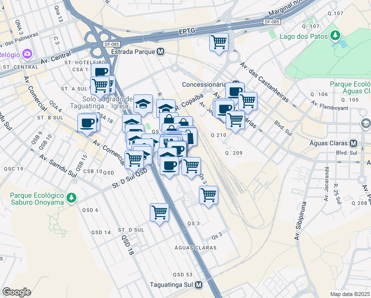 map of restaurants, bars, coffee shops, grocery stores, and more near 40 Qs 1 in Brasília