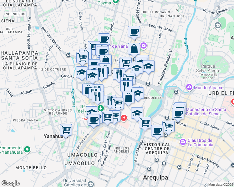 map of restaurants, bars, coffee shops, grocery stores, and more near Antiquilla in Arequipa