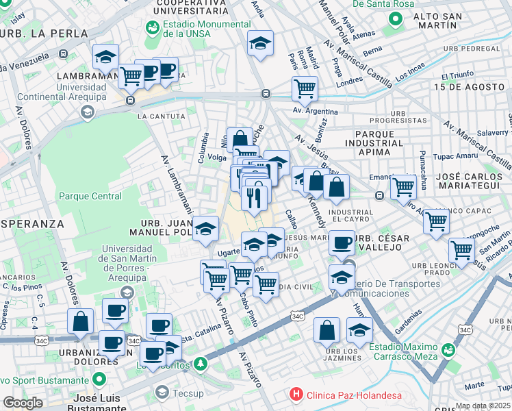 map of restaurants, bars, coffee shops, grocery stores, and more near 500 Avenida Porongoche in Paucarpata