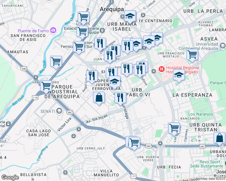 map of restaurants, bars, coffee shops, grocery stores, and more near in Arequipa