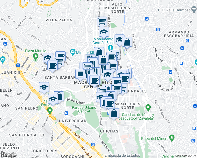 map of restaurants, bars, coffee shops, grocery stores, and more near Calle Hugo Estrada in Nuestra Señora de La Paz