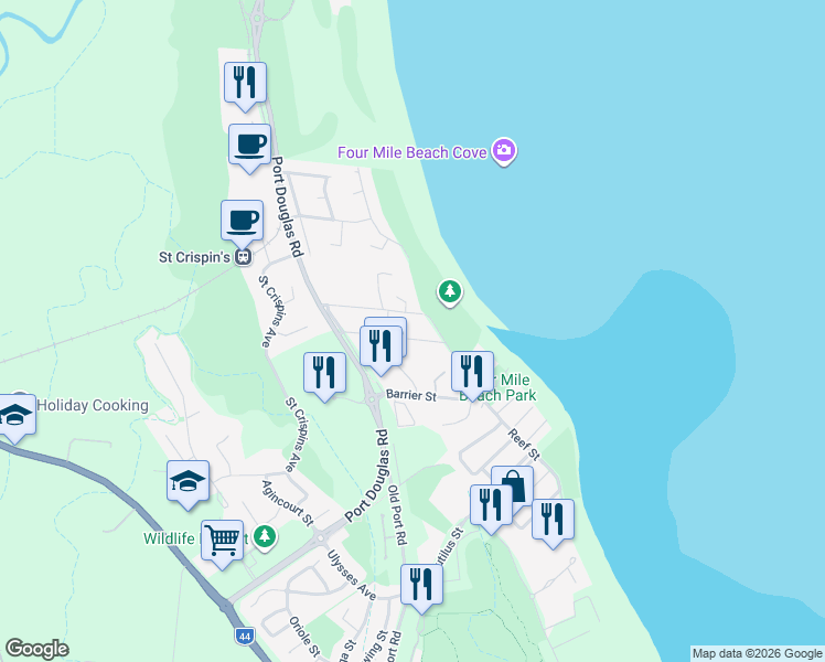 map of restaurants, bars, coffee shops, grocery stores, and more near 14 Coral Drive in Port Douglas