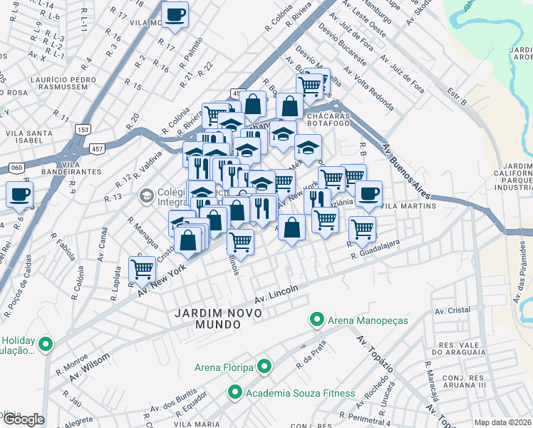 map of restaurants, bars, coffee shops, grocery stores, and more near Avenida New York in Goiânia