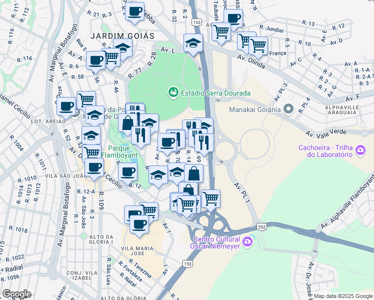 map of restaurants, bars, coffee shops, grocery stores, and more near 46 Rua 14 in Goiânia