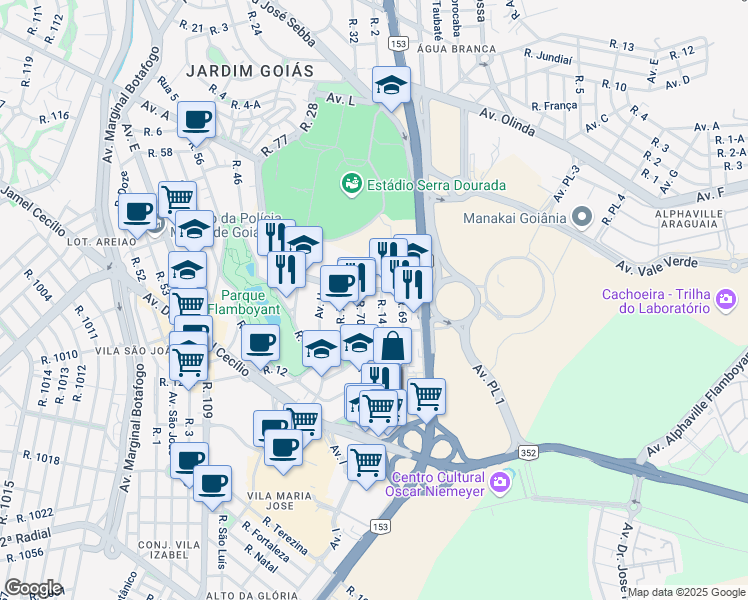 map of restaurants, bars, coffee shops, grocery stores, and more near 46 Rua 14 in Goiânia