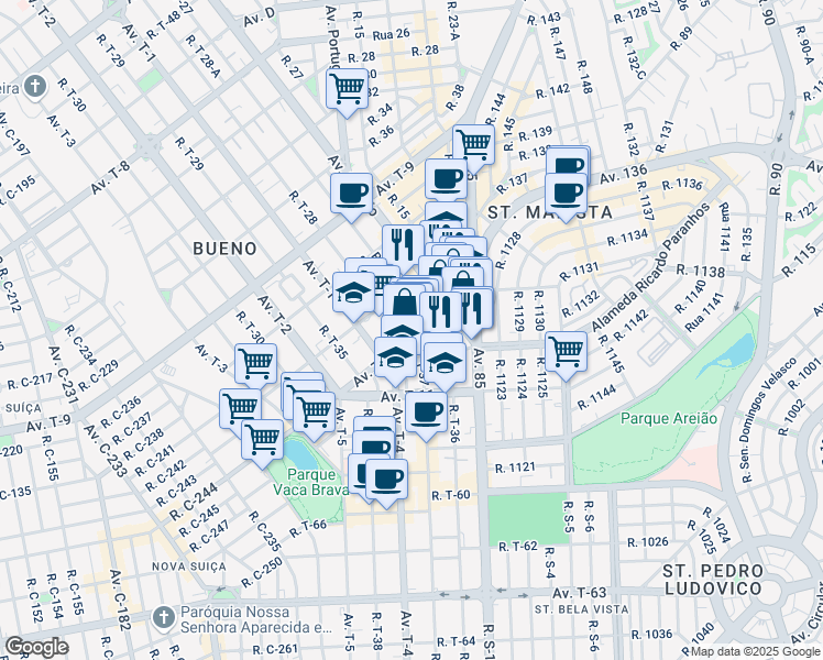 map of restaurants, bars, coffee shops, grocery stores, and more near 270 Avenida T-10 in Goiânia