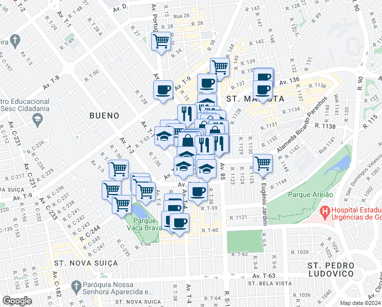 map of restaurants, bars, coffee shops, grocery stores, and more near 270 Avenida T-10 in Goiânia
