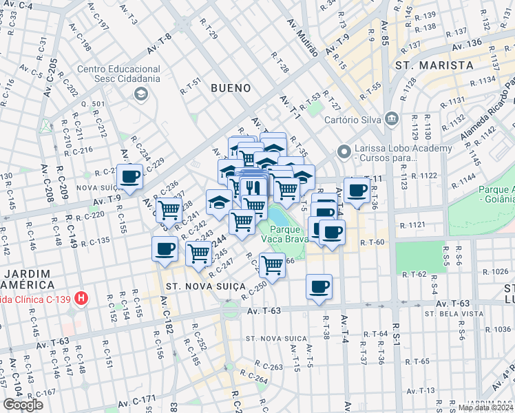 map of restaurants, bars, coffee shops, grocery stores, and more near 1300 Avenida T-10 in Goiânia