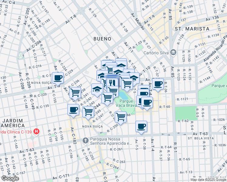map of restaurants, bars, coffee shops, grocery stores, and more near 1300 Avenida T-10 in Goiânia