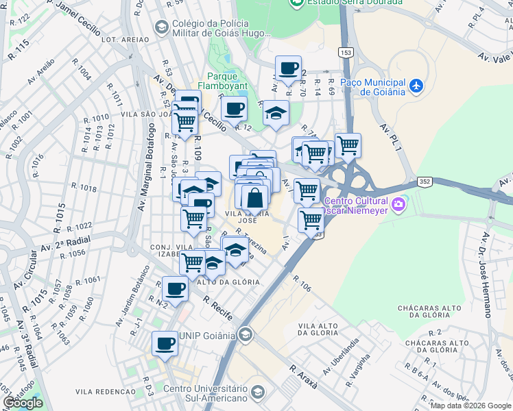map of restaurants, bars, coffee shops, grocery stores, and more near 3300 Avenida Deputado Jamel Cecílio in Goiânia