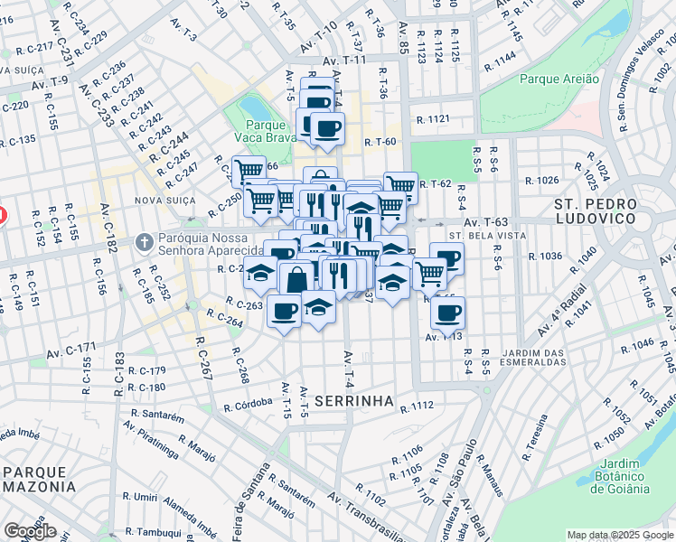 map of restaurants, bars, coffee shops, grocery stores, and more near 1100 Avenida T-4 in Goiânia