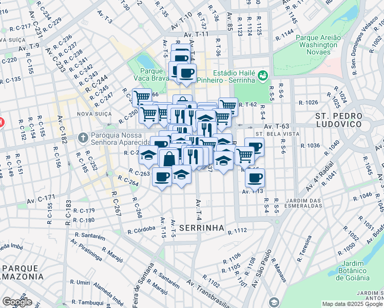 map of restaurants, bars, coffee shops, grocery stores, and more near 1100 Avenida T-4 in Goiânia