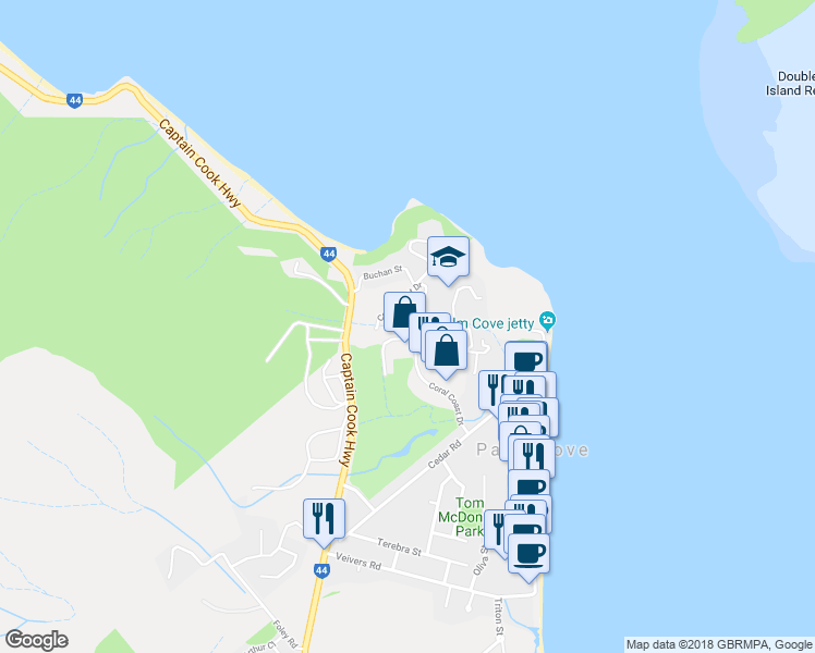 map of restaurants, bars, coffee shops, grocery stores, and more near LOT 6 Coral Coast Drive in Palm Cove