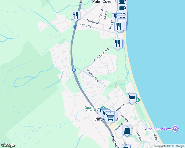 map of restaurants, bars, coffee shops, grocery stores, and more near Argentea Boulevard in Palm Cove