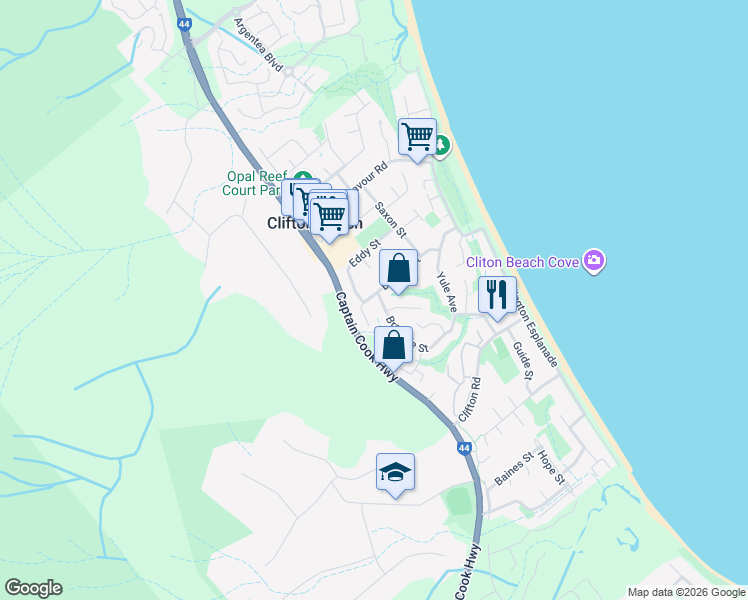 map of restaurants, bars, coffee shops, grocery stores, and more near 53 Bramble Street in Clifton Beach