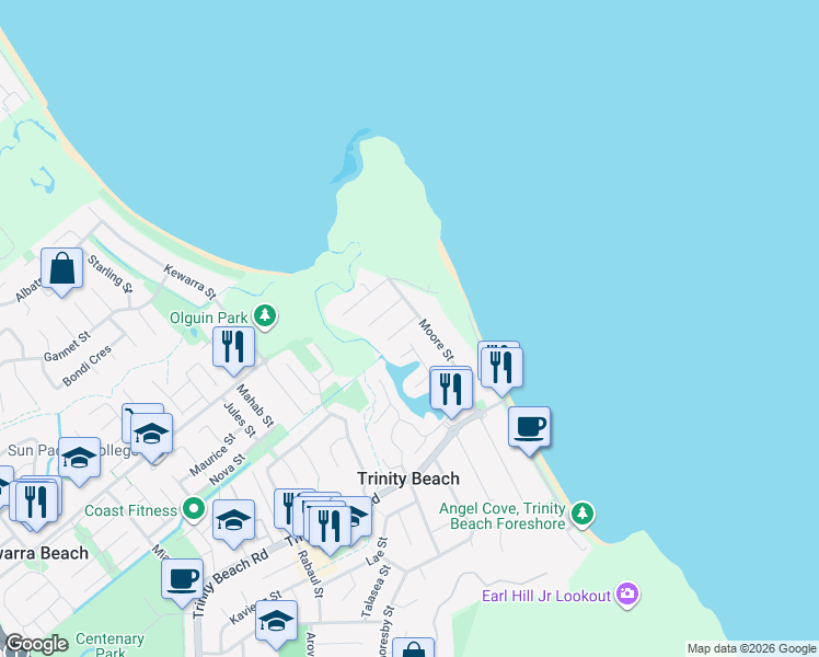 map of restaurants, bars, coffee shops, grocery stores, and more near 5 Corinda Close in Trinity Beach