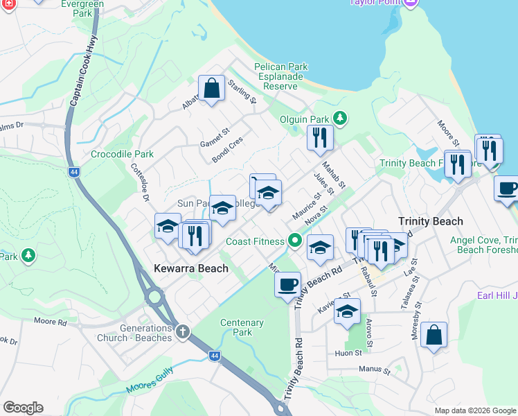 map of restaurants, bars, coffee shops, grocery stores, and more near 1 Cabarita Street in Kewarra Beach