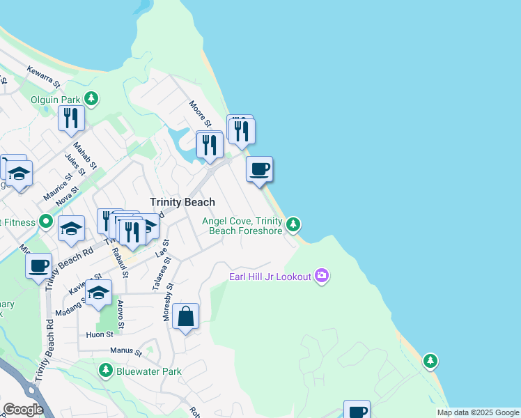 map of restaurants, bars, coffee shops, grocery stores, and more near 24 Moore Street in Trinity Beach