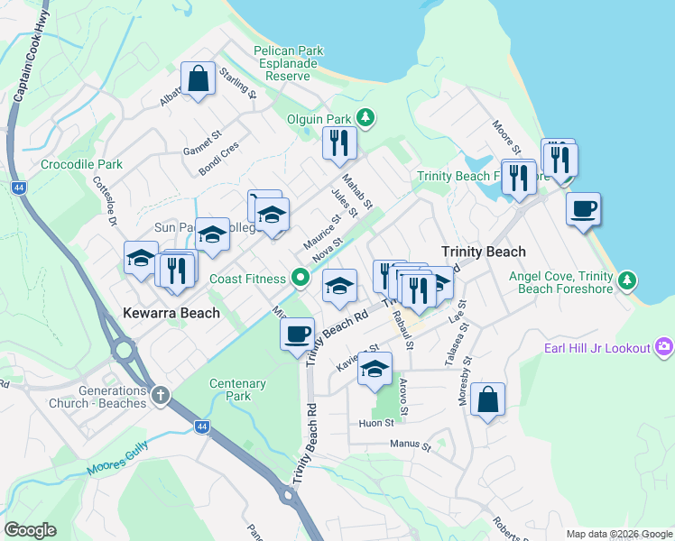 map of restaurants, bars, coffee shops, grocery stores, and more near 22-24 Oyster Court in Trinity Beach