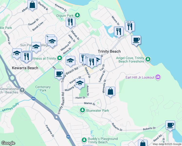 map of restaurants, bars, coffee shops, grocery stores, and more near 44 Lae Street in Trinity Beach